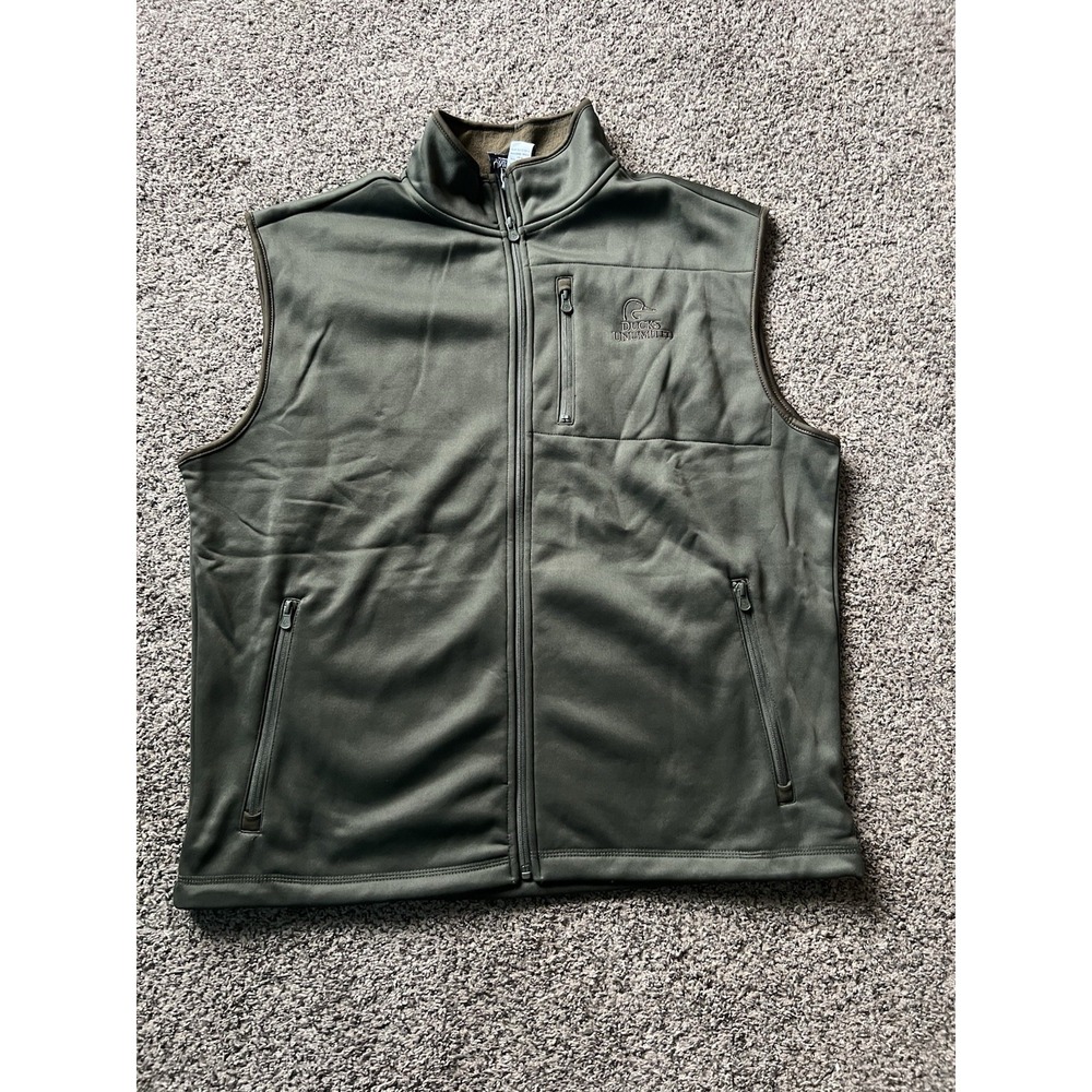 Ducks Unlimited Olive Green Vest Size XL Fleece Lining Full Zip Logo Mens